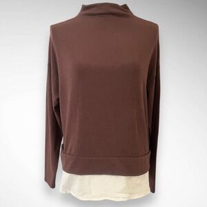 CHARLOTTE AVERY Brown and White Mock Neck Long Sleeve Twofer Top Small | EUC